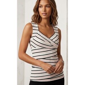White House Black Market Sleeveless Stripe Top S Surplice Faux Wrap Career Shell
